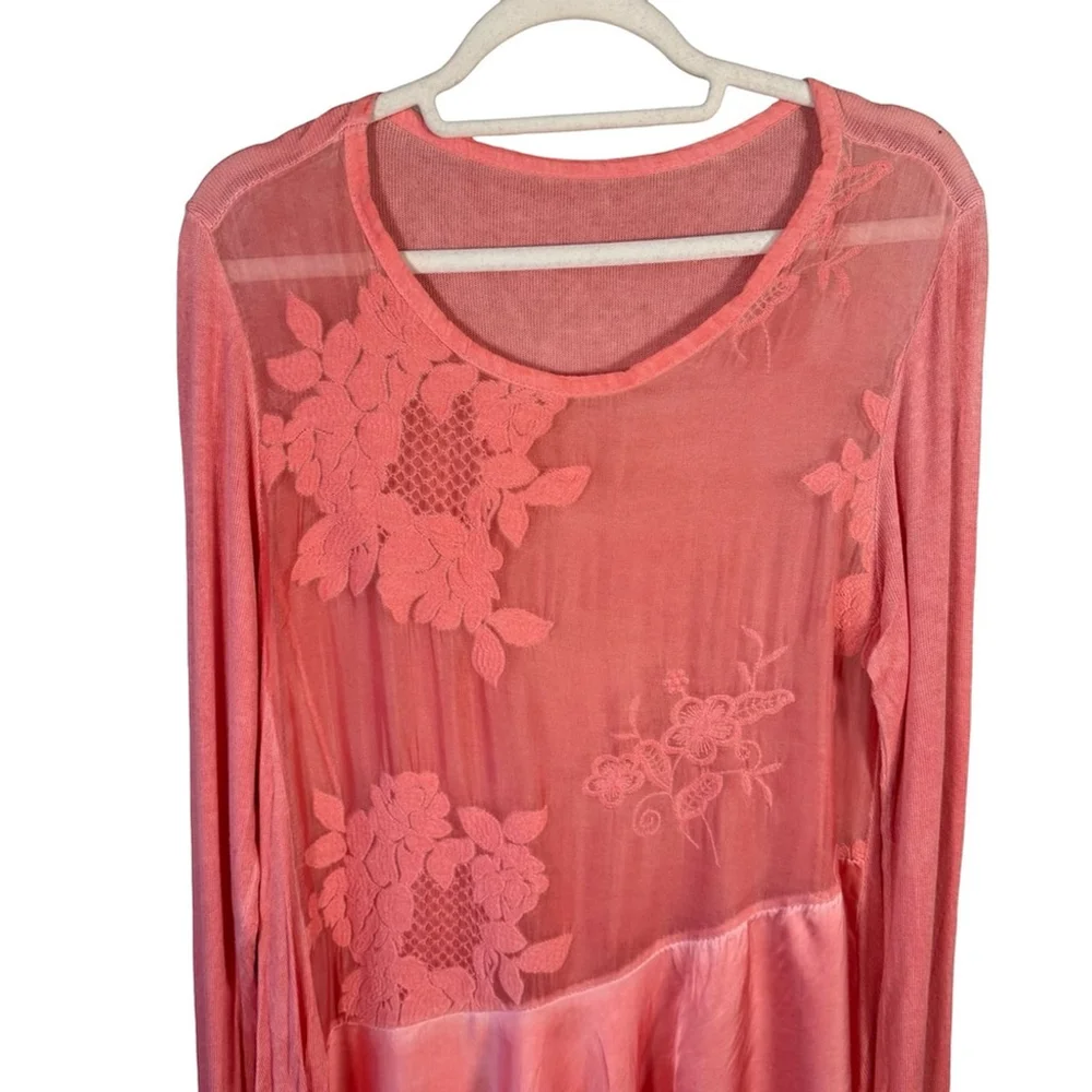 Boho Cottagecore Coral Floral Lace Tunic With Tank Size XS S Stretch Sheer - Picture 15 of 16